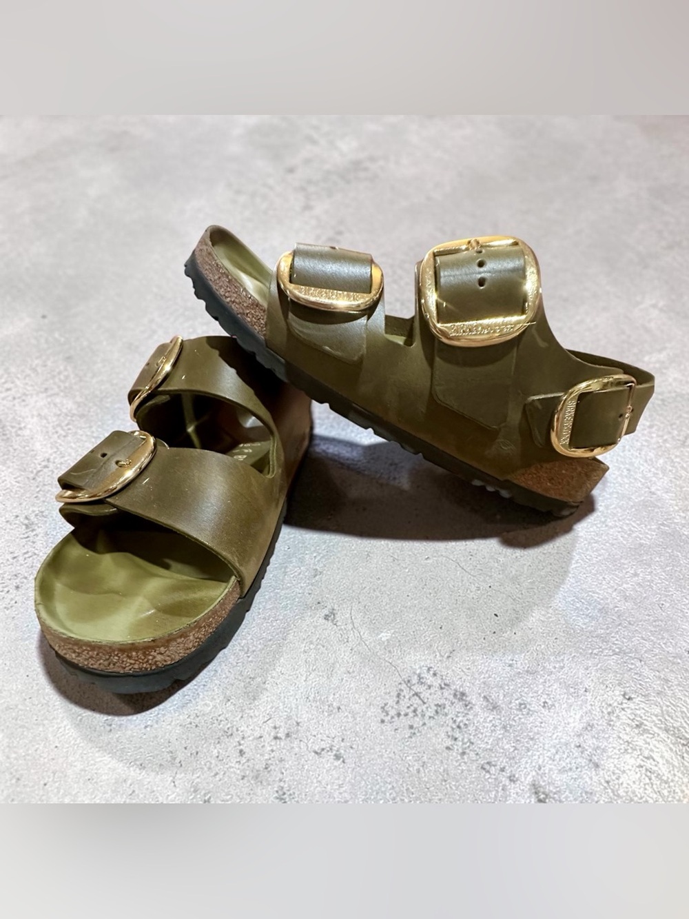 Birkenstock Olive Green Double Buckle Sandals with Gold Buckles